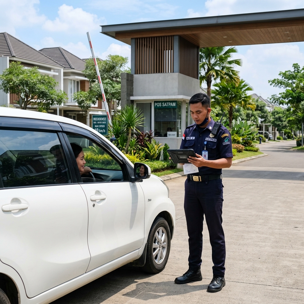 Security memeriksa registrasi kendaraan di gerbang cluster